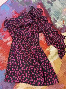The Kooples Black One-Shoulder Dress with Fuchsia Floral Print